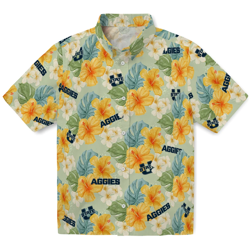 Utah State Aggies Hawaiian Shirt - Hibiscus Mood utah state aggies hibiscus mood pale lime yellow hawaiian shirts best selling