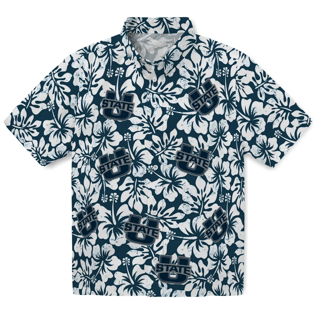 Utah State Aggies Hawaiian Shirt - Hibiscus Motif utah state aggies hibiscus motif navy white hawaiian shirts best selling
