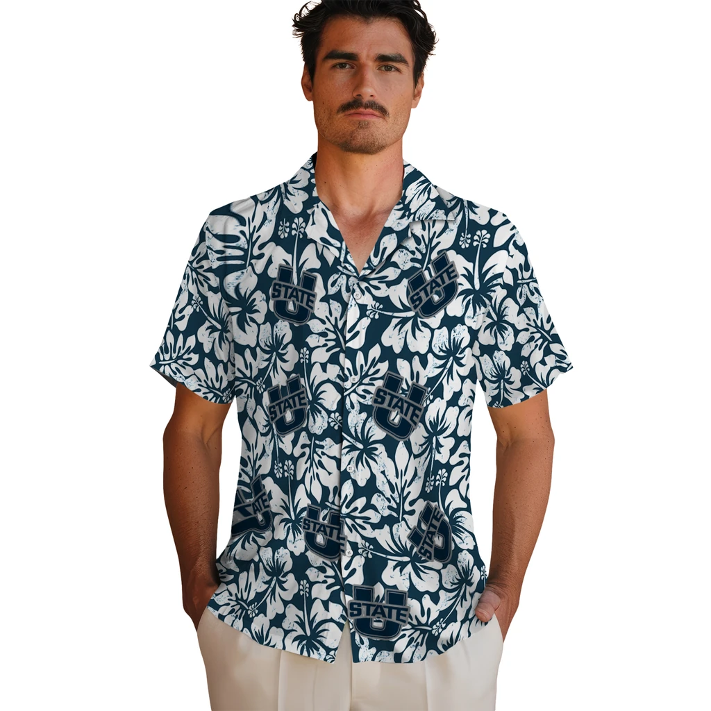 Utah State Aggies Hawaiian Shirt - Hibiscus Motif utah state aggies hibiscus motif navy white hawaiian shirts fashion forward
