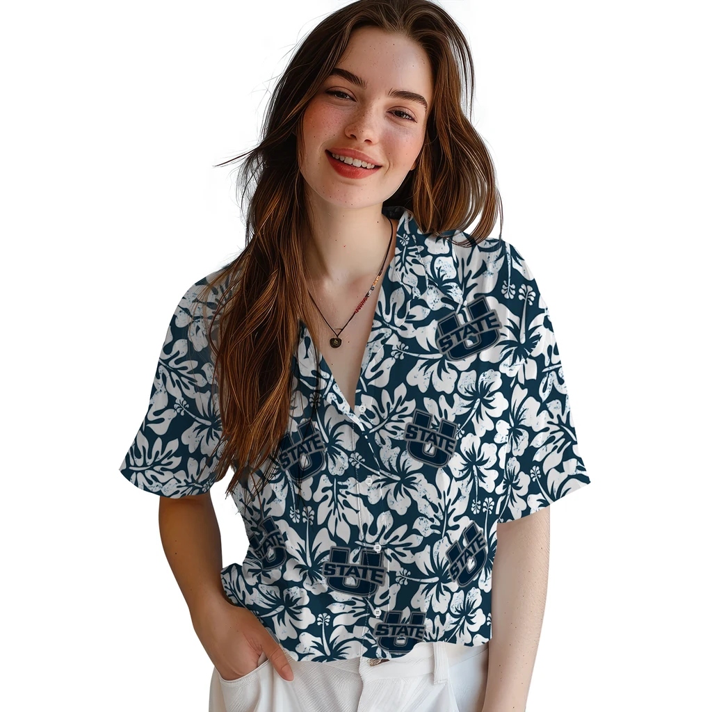 Utah State Aggies Hawaiian Shirt - Hibiscus Motif utah state aggies hibiscus motif navy white hawaiian shirts latest model