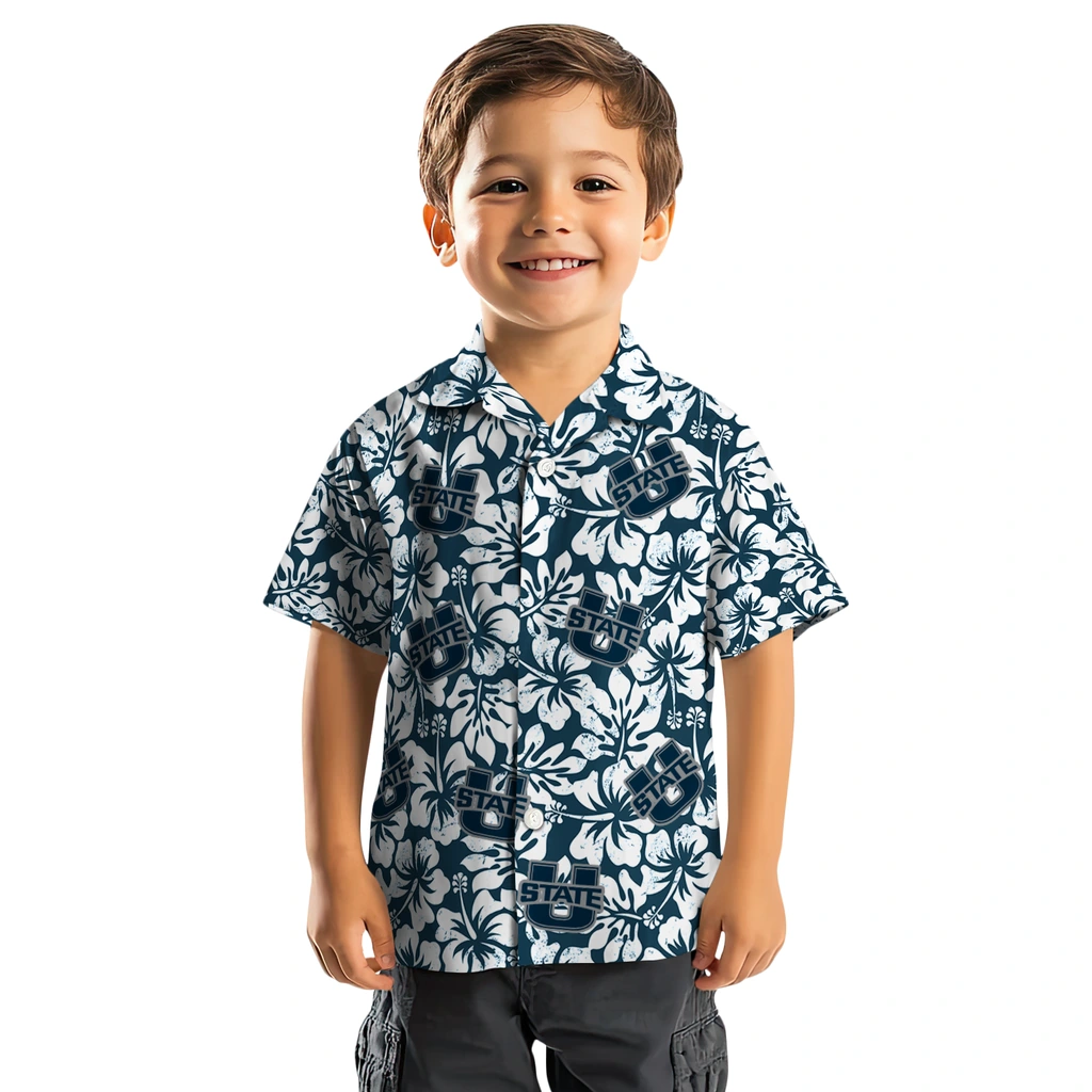 Utah State Aggies Hawaiian Shirt - Hibiscus Motif utah state aggies hibiscus motif navy white hawaiian shirts top rated