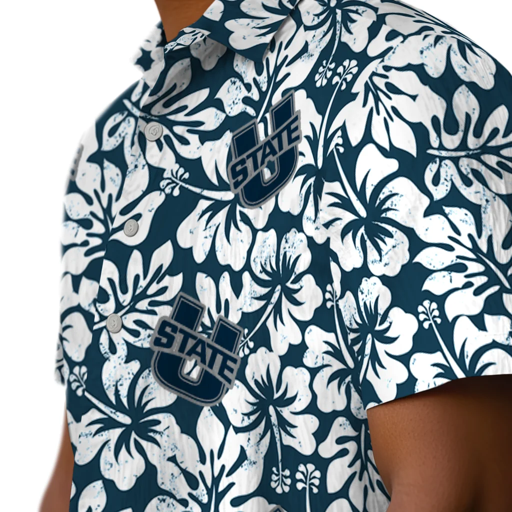 Utah State Aggies Hawaiian Shirt - Hibiscus Motif utah state aggies hibiscus motif navy white hawaiian shirts trendy