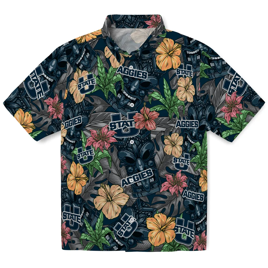 Utah State Aggies Hawaiian Shirt - Hibiscus Tiki Jungle utah state aggies tiki jungle navy hawaiian shirts best selling