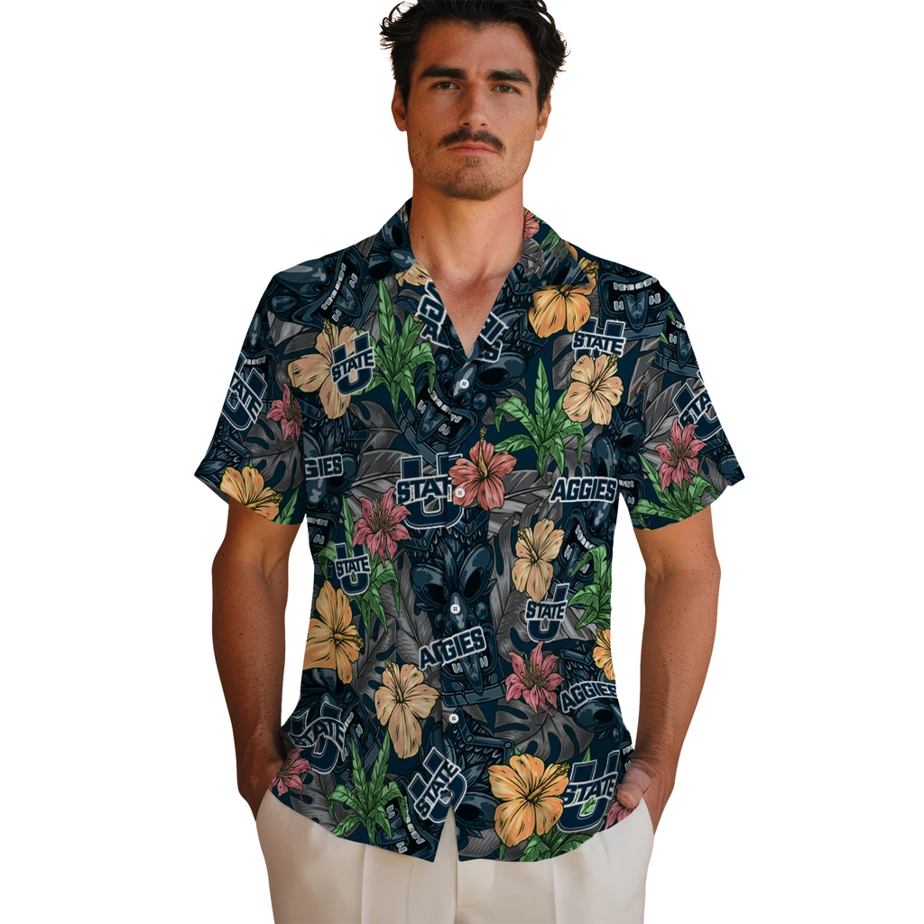 Utah State Aggies Hawaiian Shirt - Hibiscus Tiki Jungle utah state aggies tiki jungle navy hawaiian shirts fashion forward