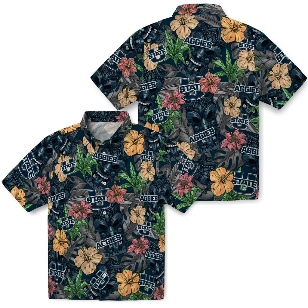Utah State Aggies Hawaiian Shirt - Hibiscus Tiki Jungle utah state aggies tiki jungle navy hawaiian shirts high quality