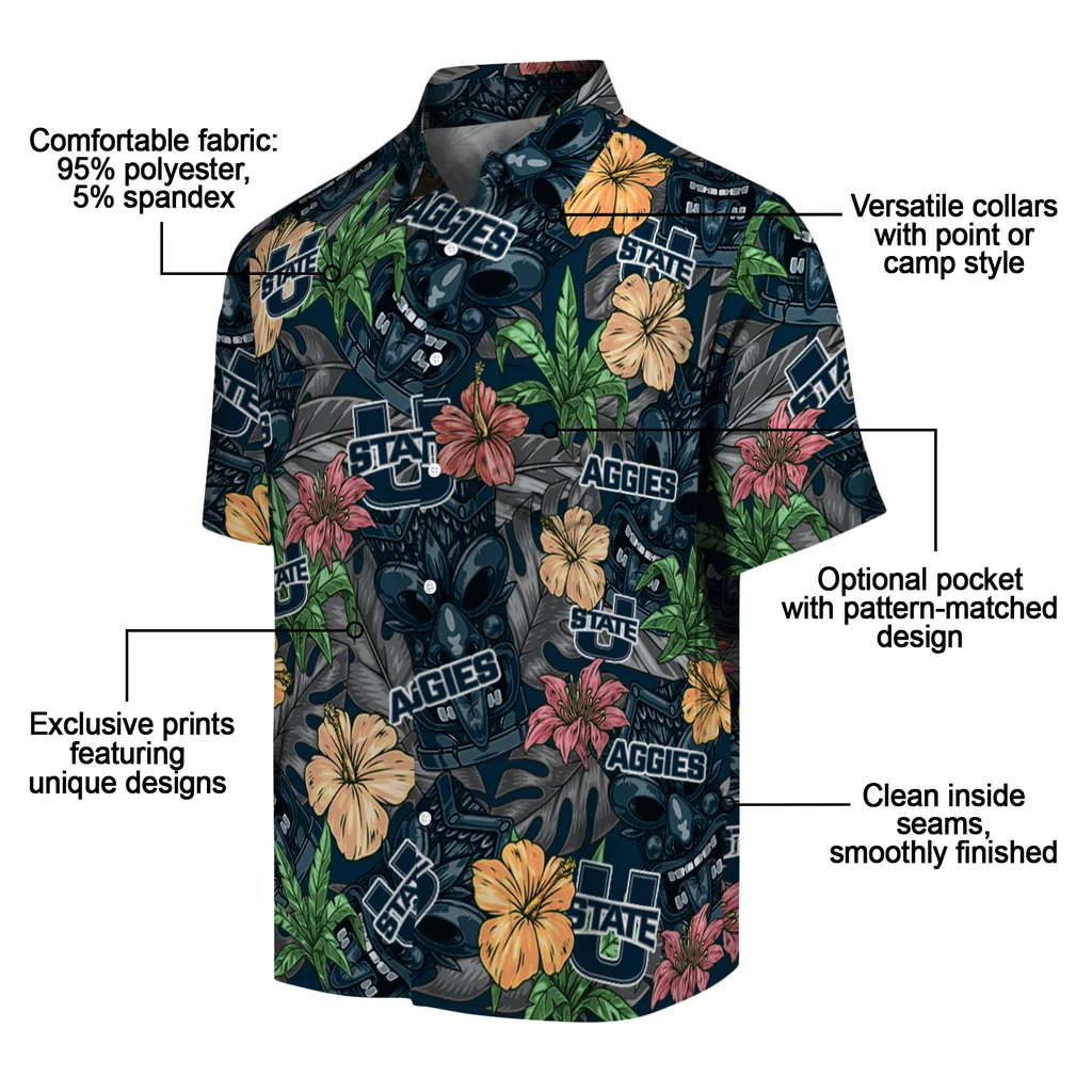 Utah State Aggies Hawaiian Shirt - Hibiscus Tiki Jungle utah state aggies tiki jungle navy hawaiian shirts new arrival