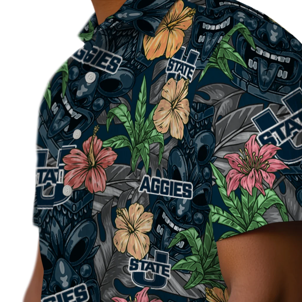 Utah State Aggies Hawaiian Shirt - Hibiscus Tiki Jungle utah state aggies tiki jungle navy hawaiian shirts trendy