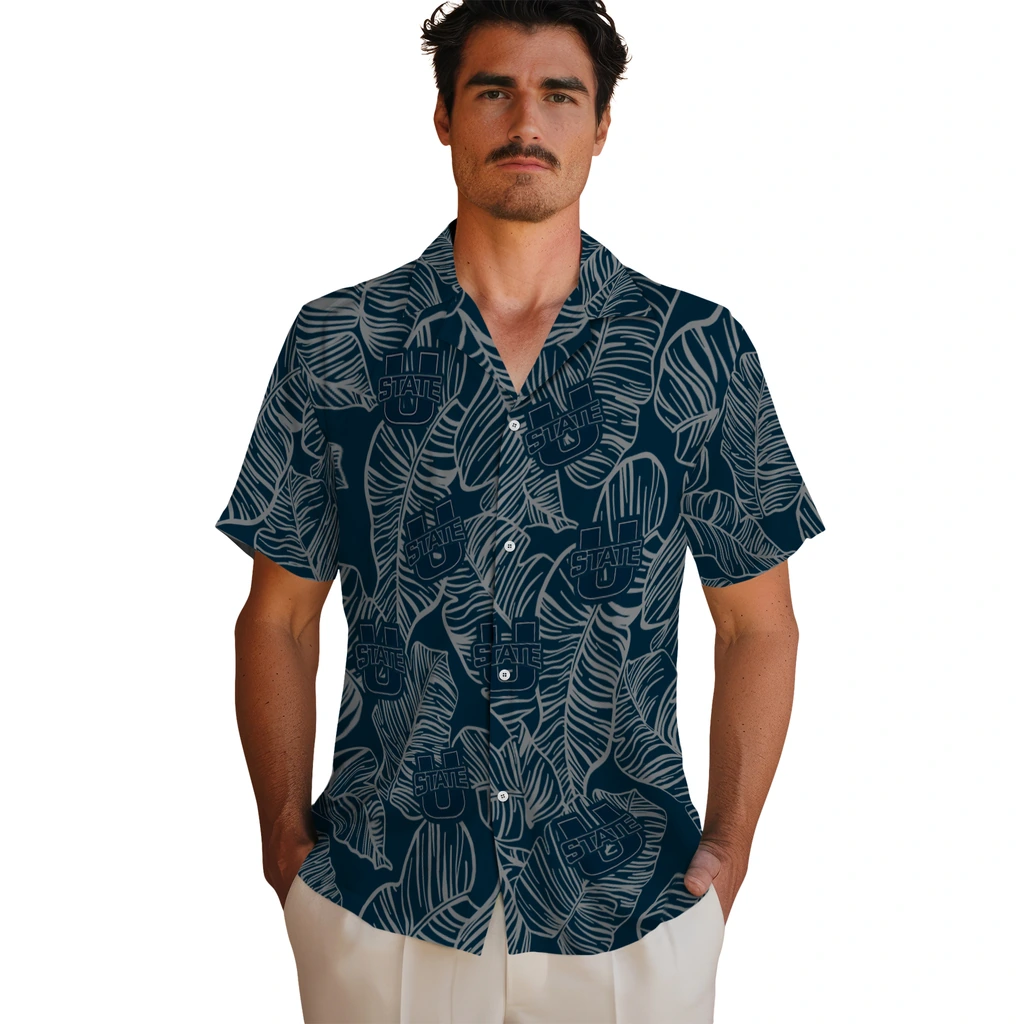 Utah State Aggies Hawaiian Shirt - Leaf Outline utah state aggies leaf outline navy hawaiian shirts fashion forward