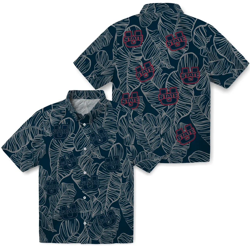 Utah State Aggies Hawaiian Shirt - Leaf Outline utah state aggies leaf outline navy hawaiian shirts high quality