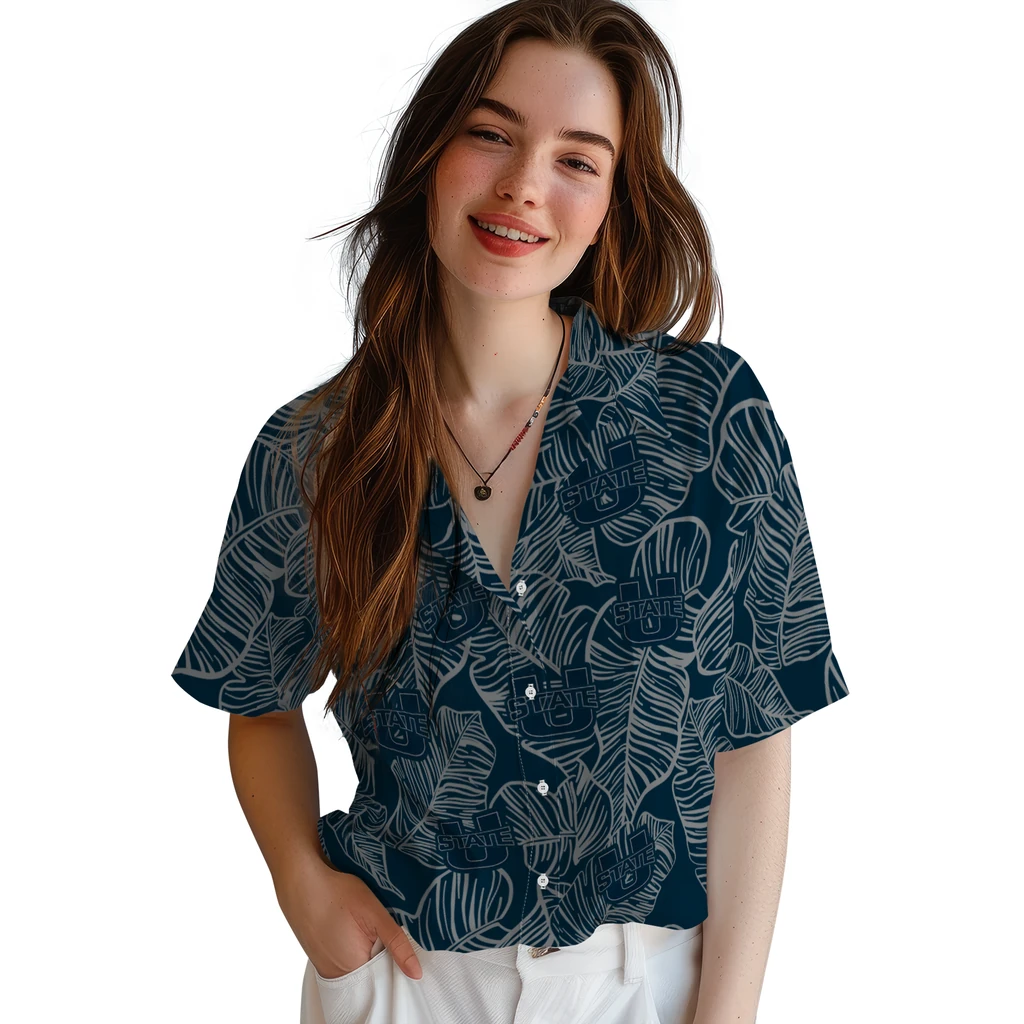 Utah State Aggies Hawaiian Shirt - Leaf Outline utah state aggies leaf outline navy hawaiian shirts latest model