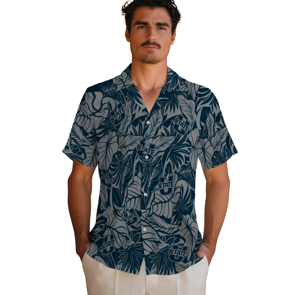 Utah State Aggies Hawaiian Shirt - Monstera Layer utah state aggies monstera layer navy hawaiian shirts fashion forward