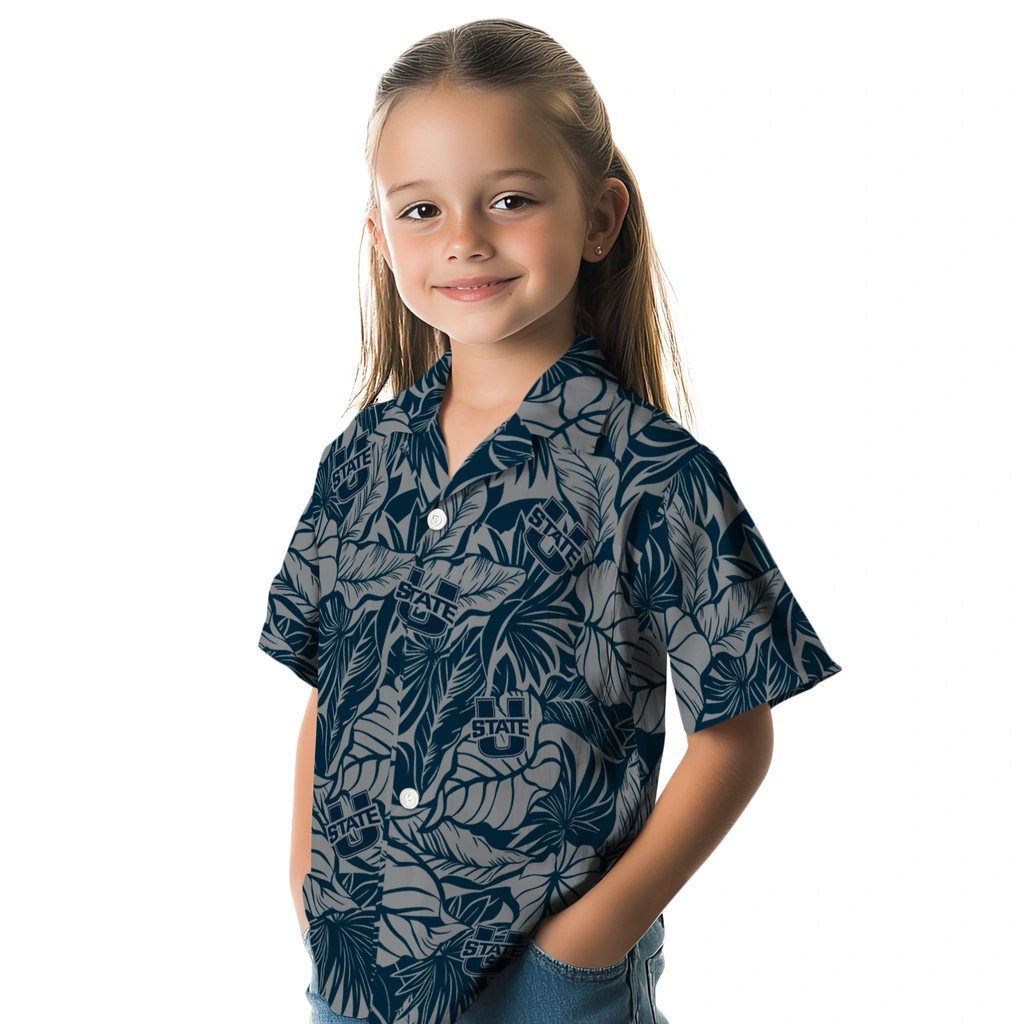 Utah State Aggies Hawaiian Shirt - Monstera Layer utah state aggies monstera layer navy hawaiian shirts premium grade