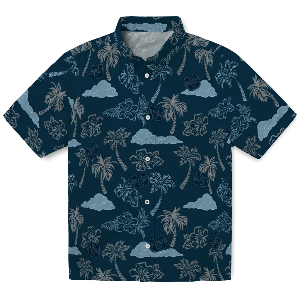 Utah State Aggies Hawaiian Shirt - Palm And Clouds utah state aggies palm and clouds navy hawaiian shirts best selling