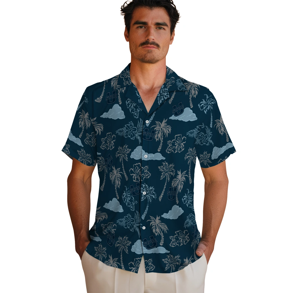 Utah State Aggies Hawaiian Shirt - Palm And Clouds utah state aggies palm and clouds navy hawaiian shirts fashion forward