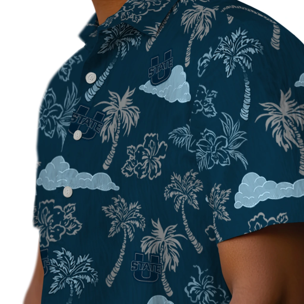 Utah State Aggies Hawaiian Shirt - Palm And Clouds utah state aggies palm and clouds navy hawaiian shirts trendy