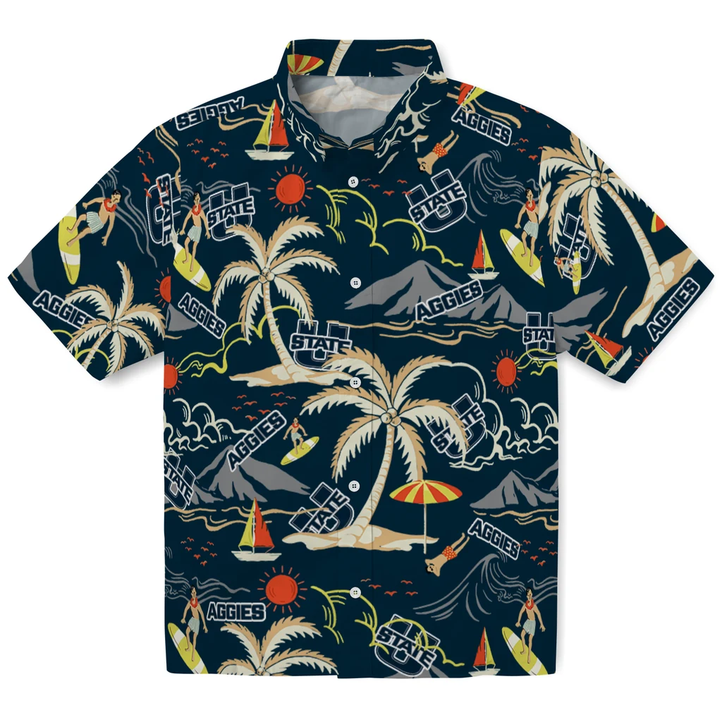 Utah State Aggies Hawaiian Shirt - Palm Tree Island utah state aggies palm tree island navy hawaiian shirts best selling