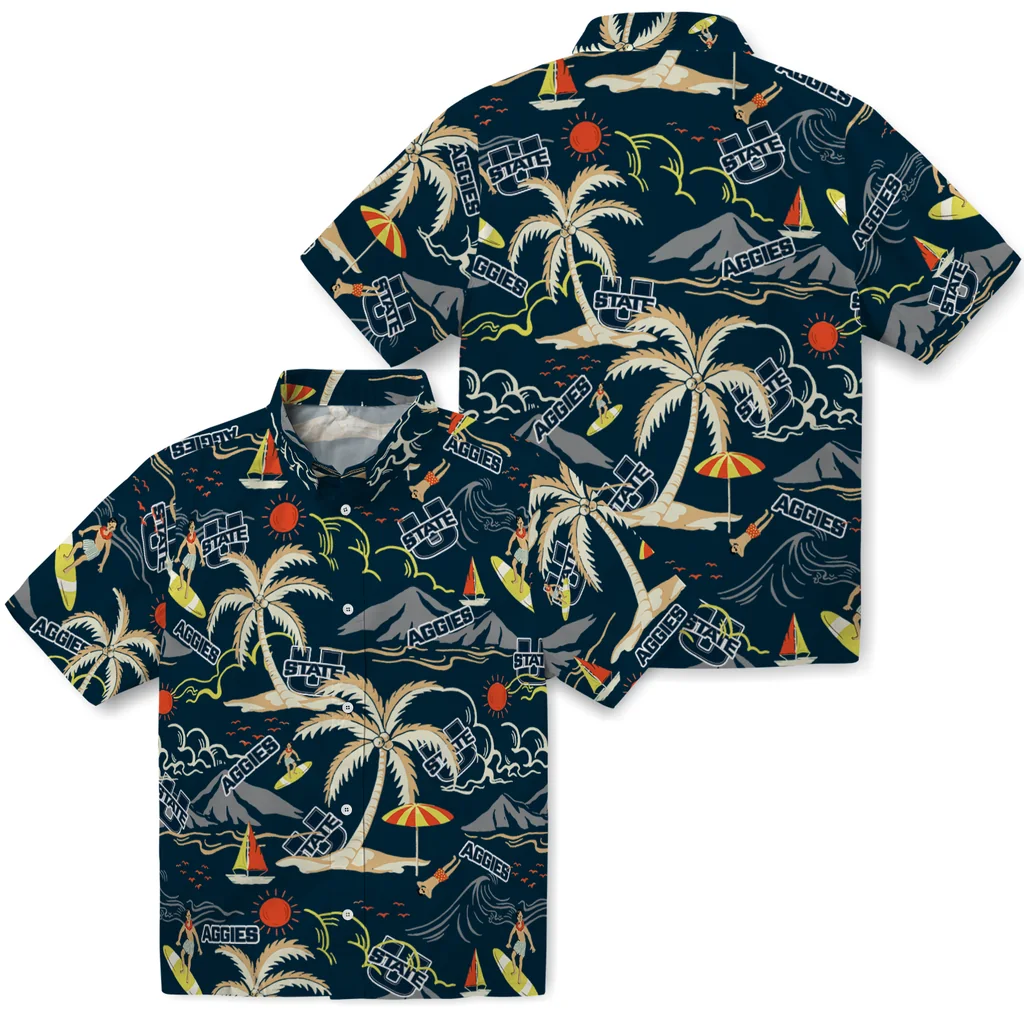 Utah State Aggies Hawaiian Shirt - Palm Tree Island utah state aggies palm tree island navy hawaiian shirts high quality