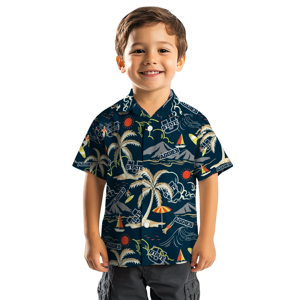 Utah State Aggies Hawaiian Shirt - Palm Tree Island utah state aggies palm tree island navy hawaiian shirts top rated