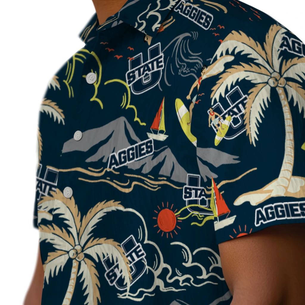 Utah State Aggies Hawaiian Shirt - Palm Tree Island utah state aggies palm tree island navy hawaiian shirts trendy