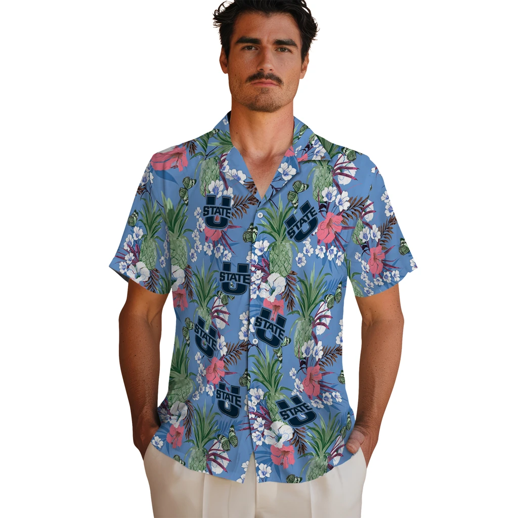 Utah State Aggies Hawaiian Shirt - Pineapple Bouquet utah state aggies pineapple bouquet best sky blue hawaiian shirts fashion forward