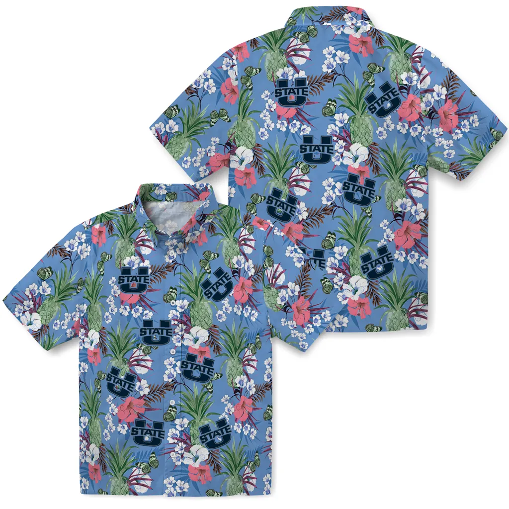 Utah State Aggies Hawaiian Shirt - Pineapple Bouquet utah state aggies pineapple bouquet best sky blue hawaiian shirts high quality