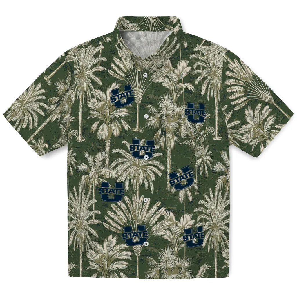 Utah State Aggies Hawaiian Shirt - Vintage Palm Tree utah state aggies palm shadows navy hawaiian shirts best selling