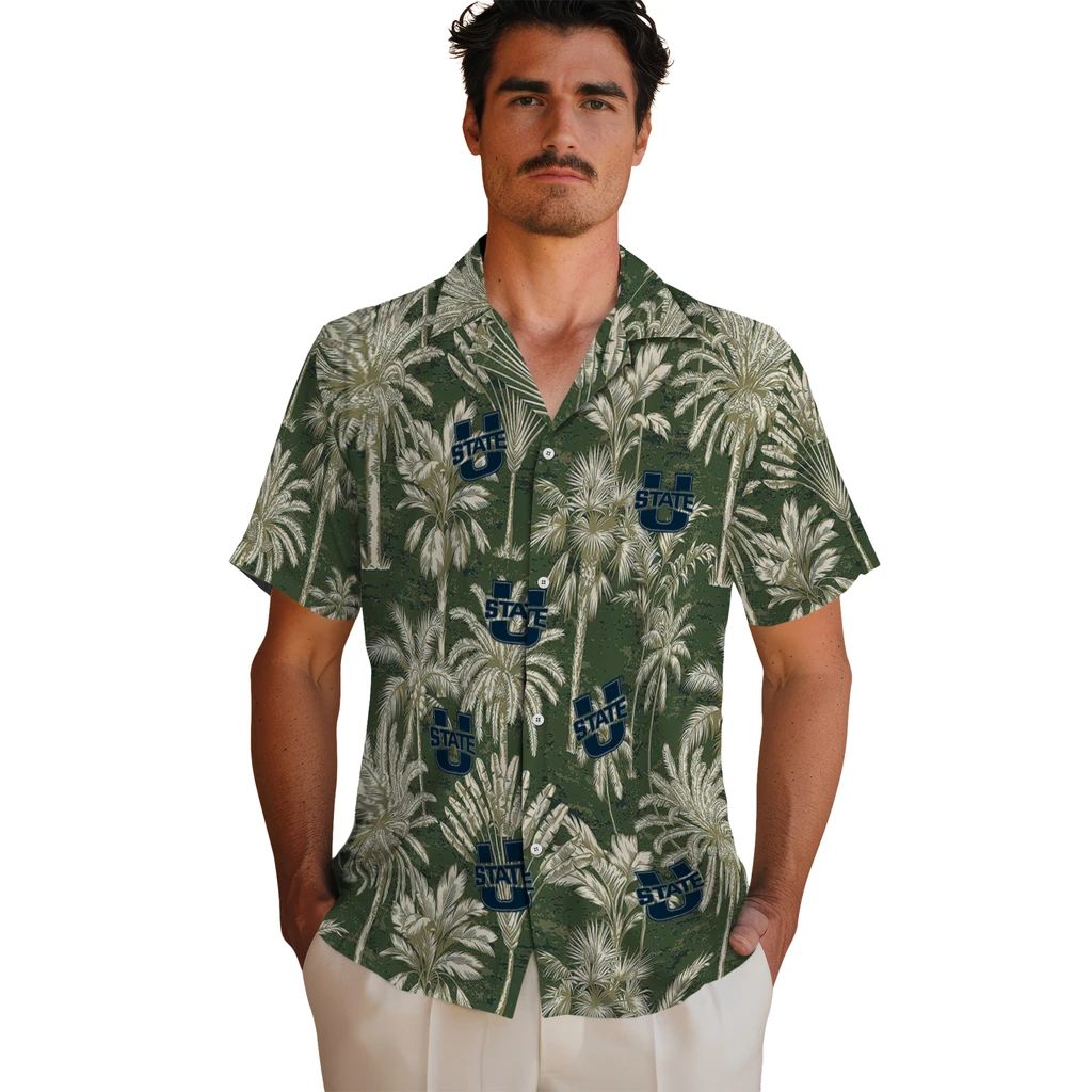 Utah State Aggies Hawaiian Shirt - Vintage Palm Tree utah state aggies palm shadows navy hawaiian shirts fashion forward