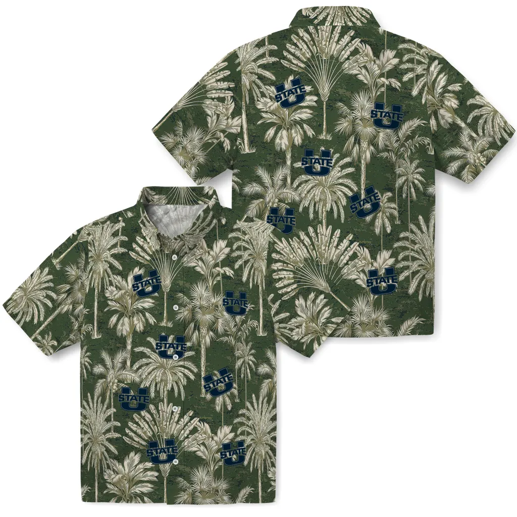 Utah State Aggies Hawaiian Shirt - Vintage Palm Tree utah state aggies palm shadows navy hawaiian shirts high quality