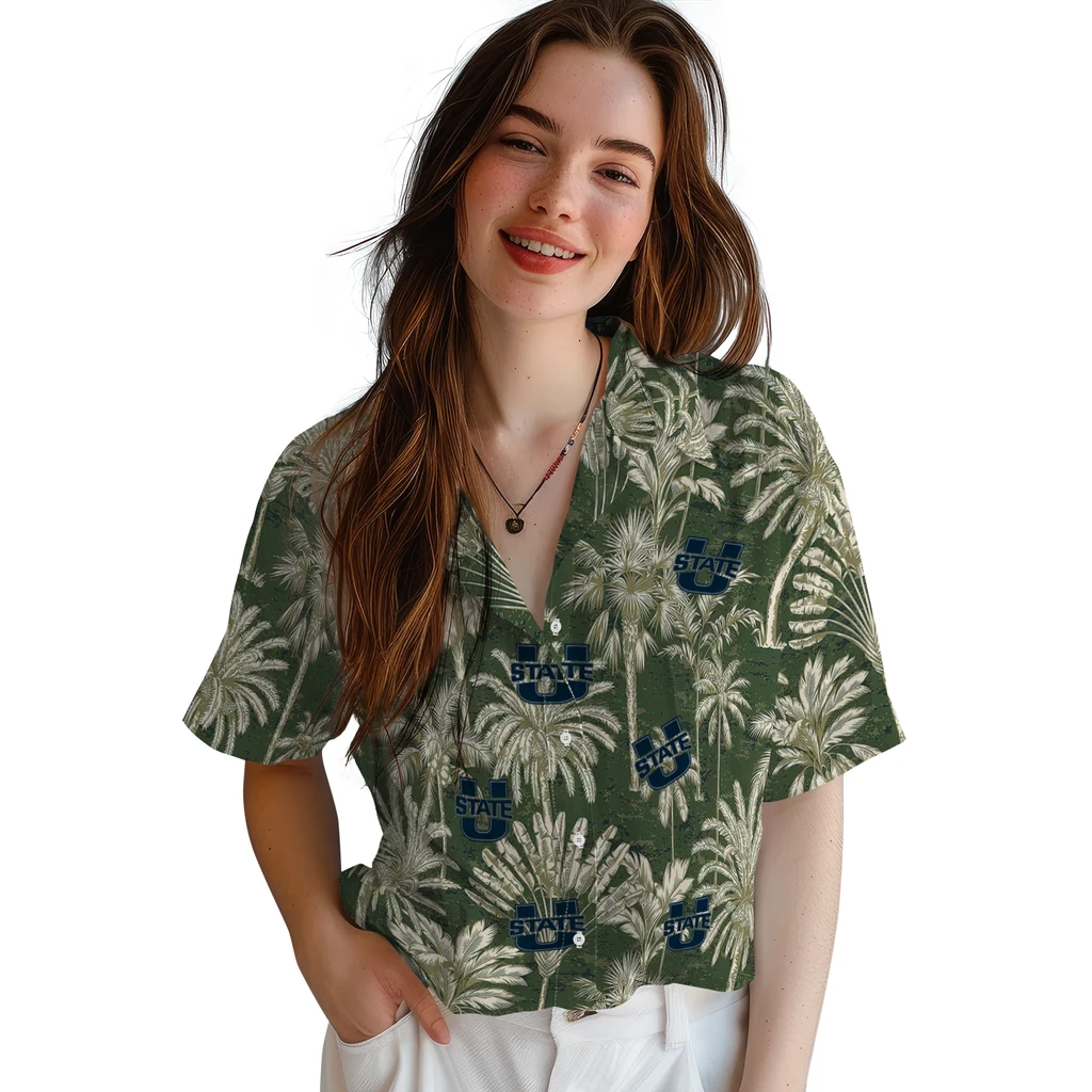 Utah State Aggies Hawaiian Shirt - Vintage Palm Tree utah state aggies palm shadows navy hawaiian shirts latest model