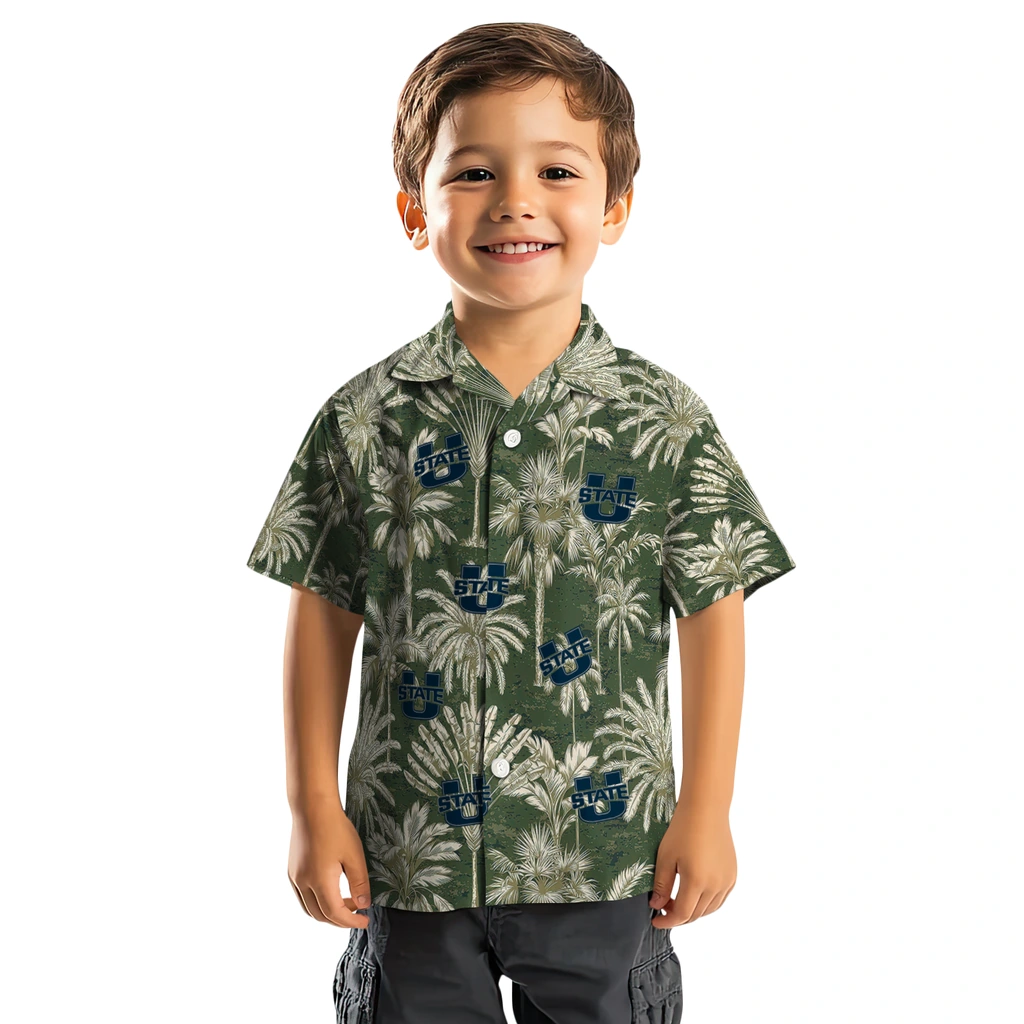 Utah State Aggies Hawaiian Shirt - Vintage Palm Tree utah state aggies palm shadows navy hawaiian shirts top rated