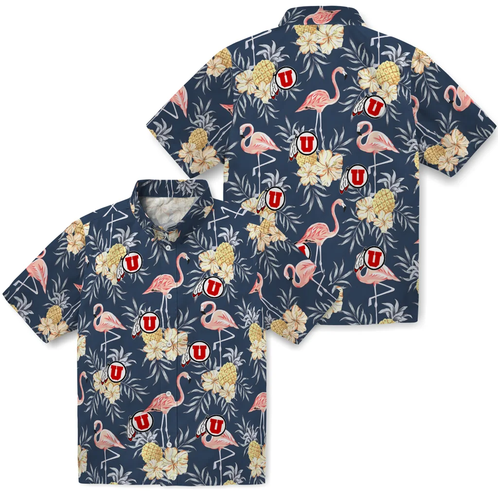 Utah Utes Hawaiian Shirt - Flamingo Hibiscus utah utes flamingo hibiscus navy hawaiian shirts high quality