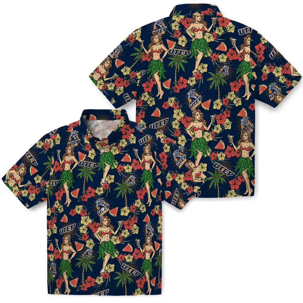 UTEP Miners Hawaiian Shirt - Hawaiian Girls Design utep miners hawaiian girls design blue hawaiian shirts high quality