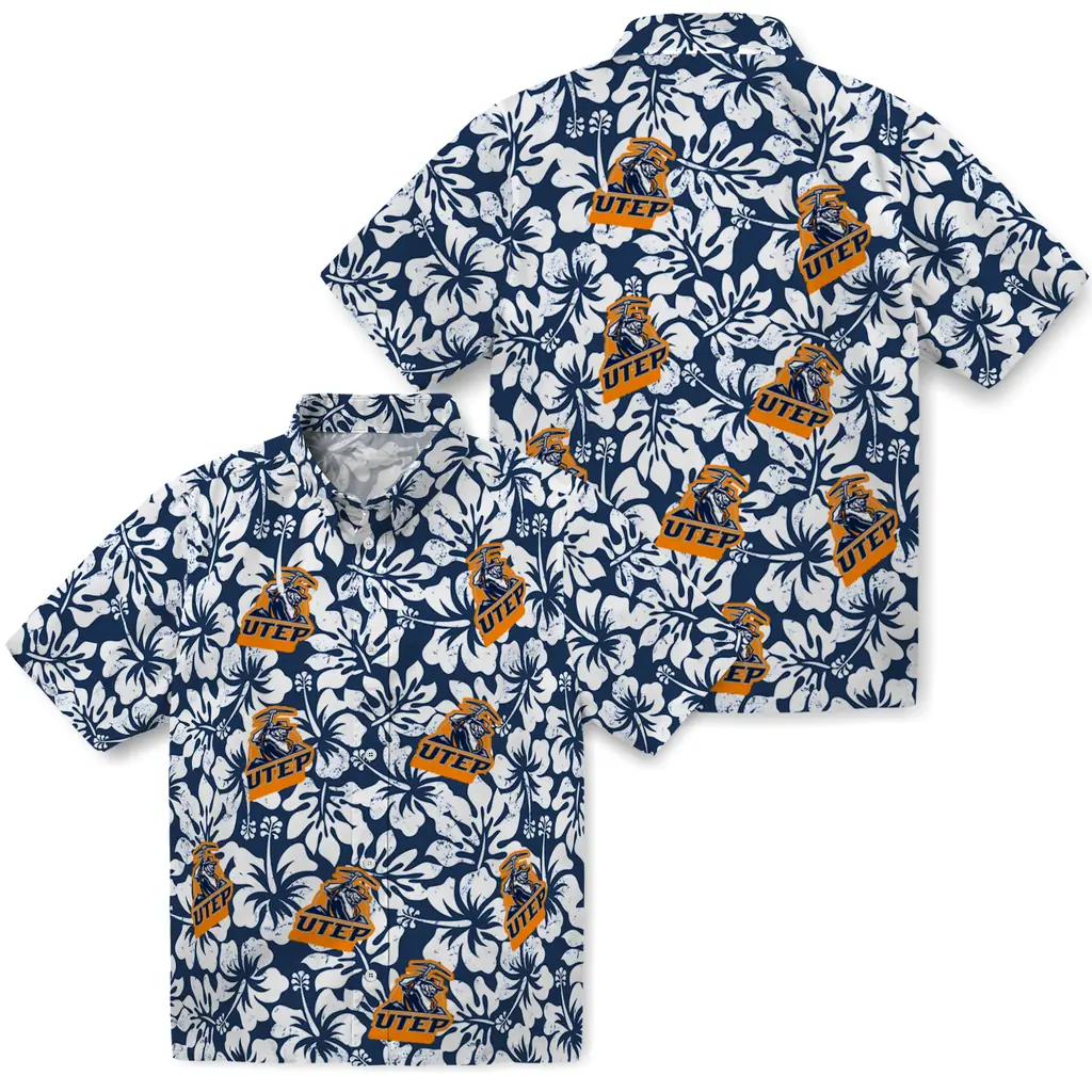 UTEP Miners Hawaiian Shirt - Hibiscus Motif utep miners hibiscus motif blue white hawaiian shirts high quality
