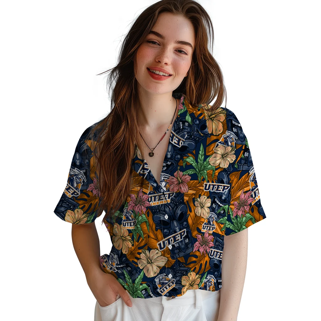 UTEP Miners Hawaiian Shirt - Hibiscus Tiki Jungle utep miners tiki jungle blue hawaiian shirts latest model