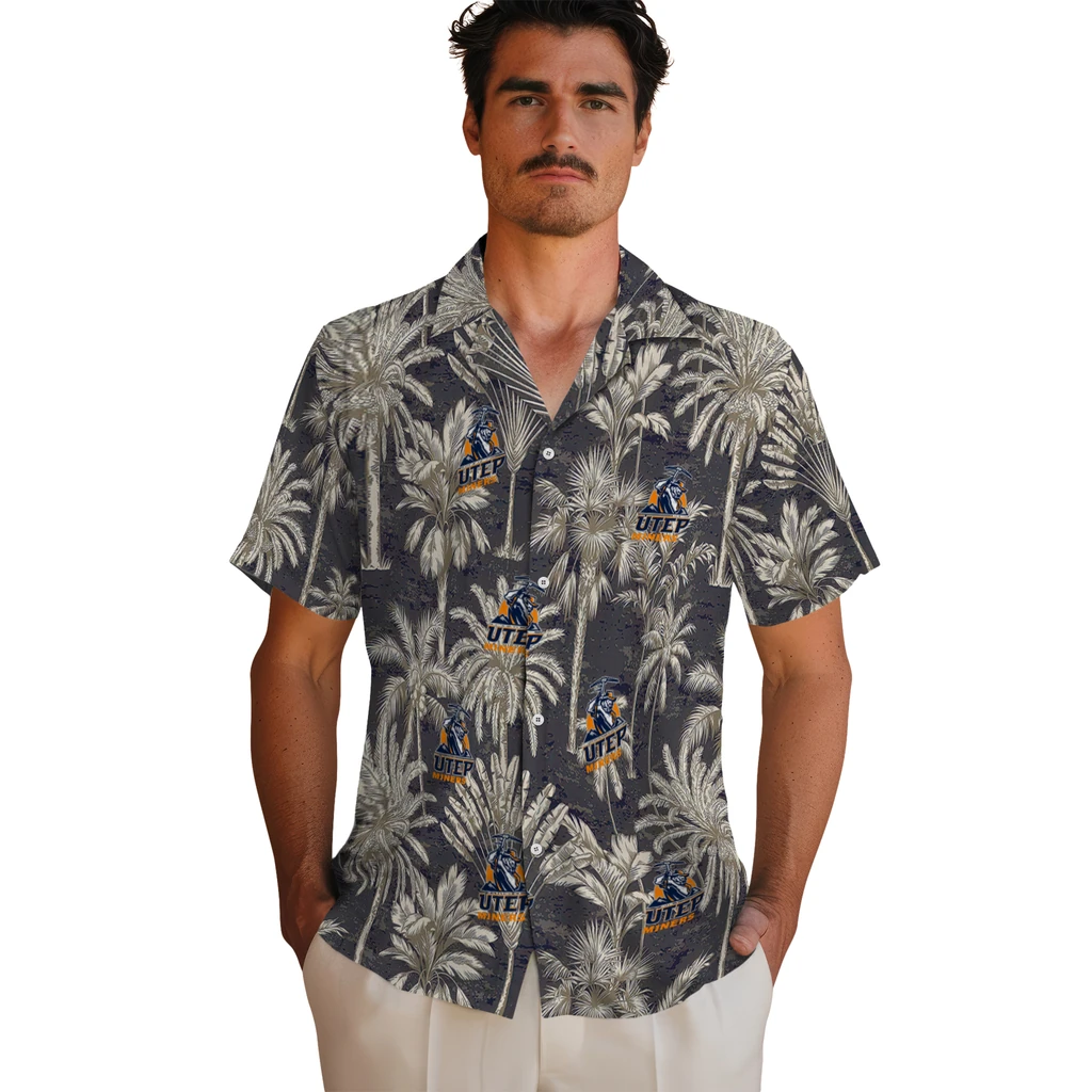 UTEP Miners Hawaiian Shirt - Vintage Palm Tree utep miners palm shadows blue hawaiian shirts fashion forward