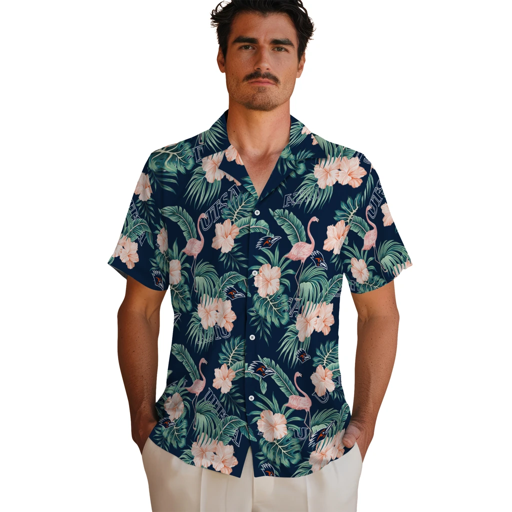UTSA Roadrunners Hawaiian Shirt - Flamingo and Hibiscus utsa roadrunners flamingo palms orange hawaiian shirts fashion forward