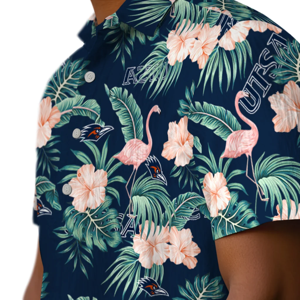 UTSA Roadrunners Hawaiian Shirt - Flamingo and Hibiscus utsa roadrunners flamingo palms orange hawaiian shirts trendy