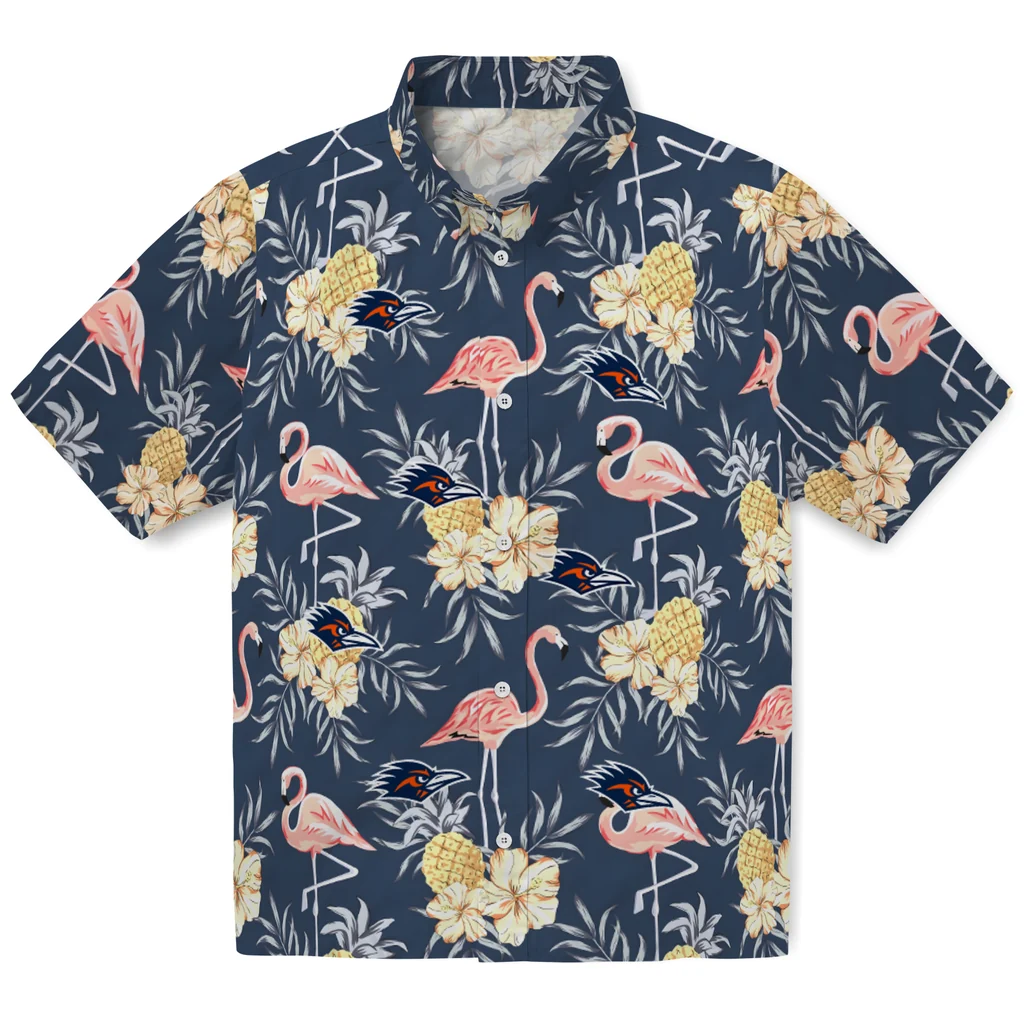 UTSA Roadrunners Hawaiian Shirt - Flamingo Hibiscus utsa roadrunners flamingo hibiscus navy hawaiian shirts best selling