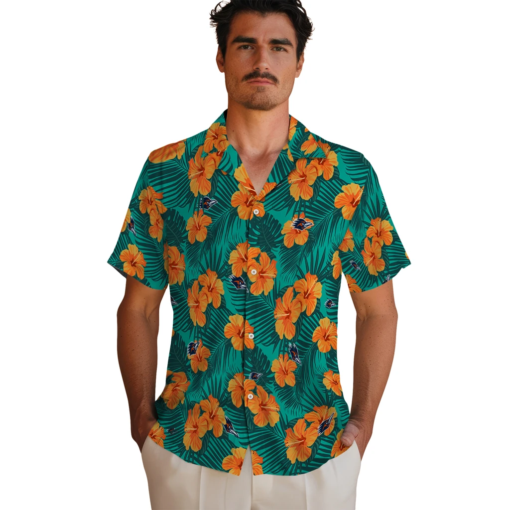 UTSA Roadrunners Hawaiian Shirt - Hibiscus and Palm Leaves utsa roadrunners hibiscus escape green hawaiian shirts fashion forward