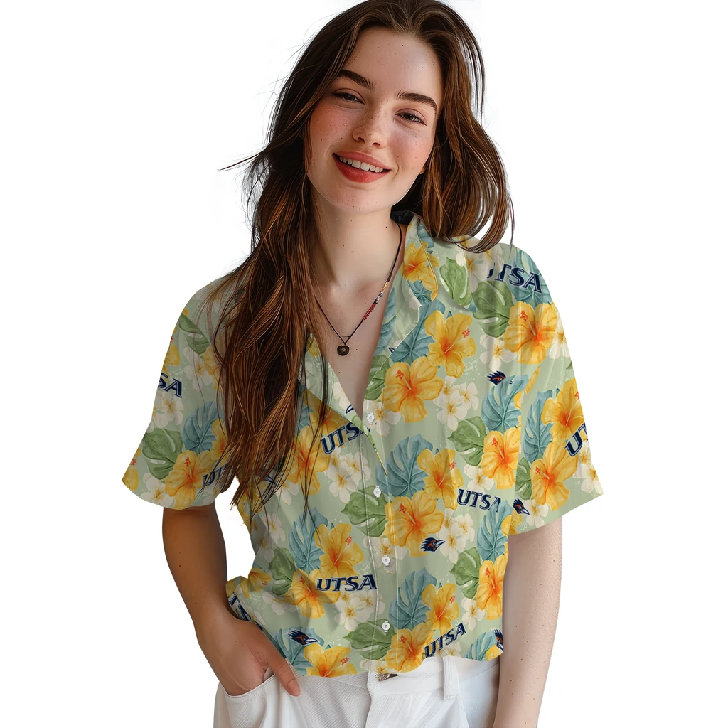 UTSA Roadrunners Hawaiian Shirt - Hibiscus Mood utsa roadrunners hibiscus mood pale lime yellow hawaiian shirts latest model