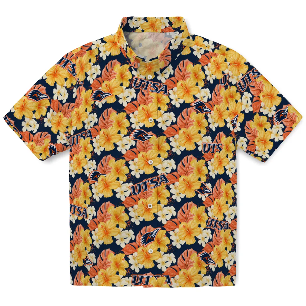 UTSA Roadrunners Hawaiian Shirt - Hibiscus Tropics utsa roadrunners hibiscus tropics orange yellow hawaiian shirts best selling