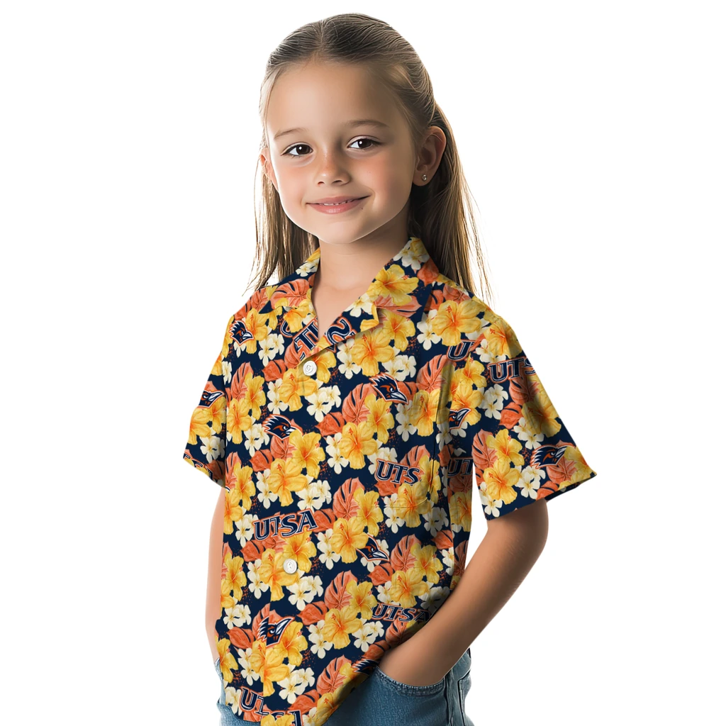 UTSA Roadrunners Hawaiian Shirt - Hibiscus Tropics utsa roadrunners hibiscus tropics orange yellow hawaiian shirts premium grade