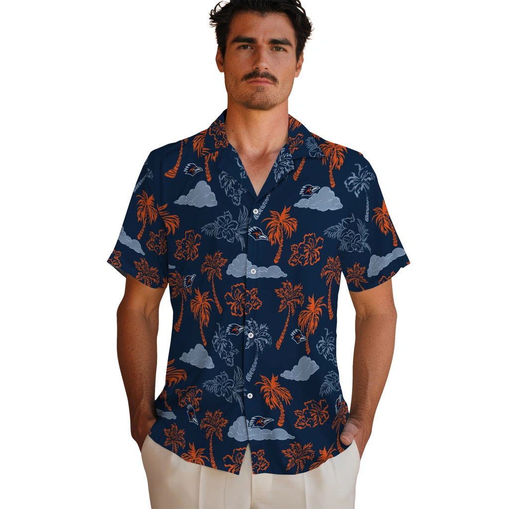 UTSA Roadrunners Hawaiian Shirt - Palm And Clouds utsa roadrunners palm and clouds orange hawaiian shirts fashion forward