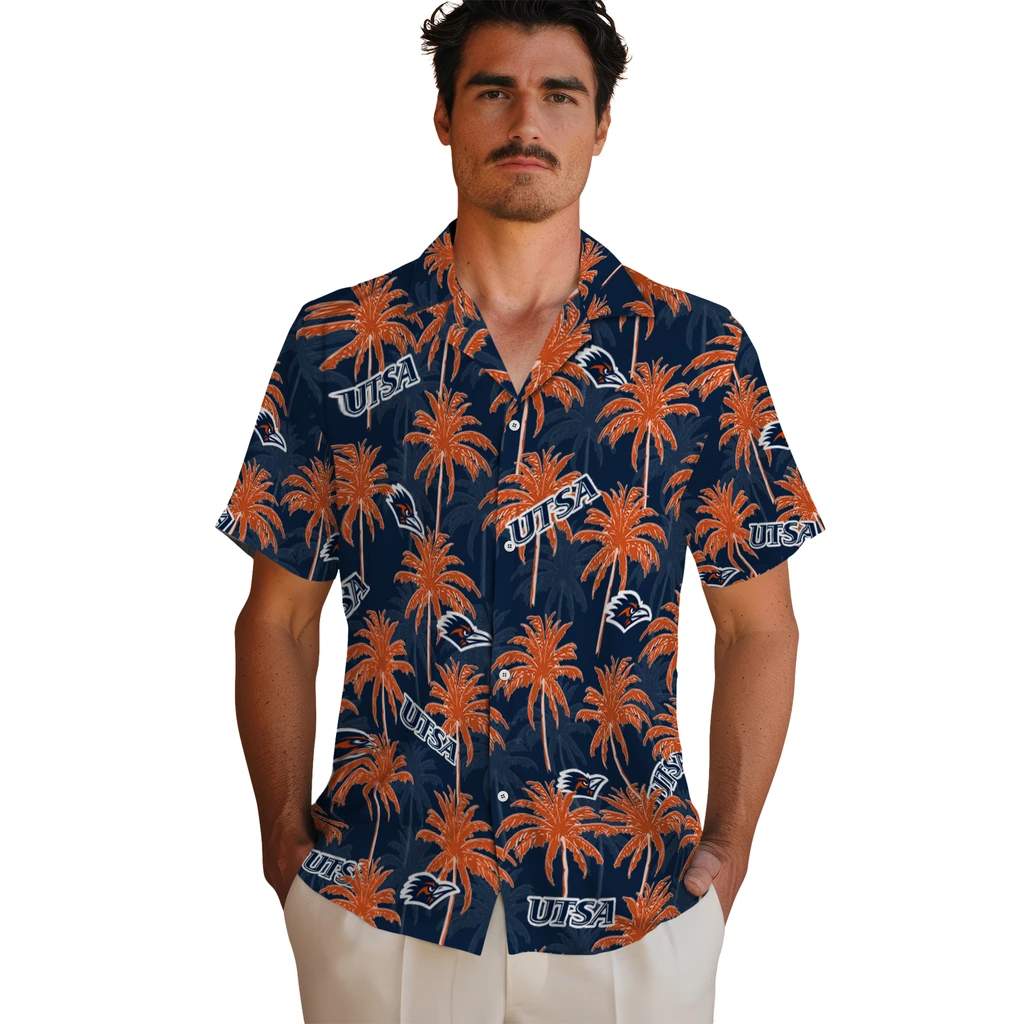 UTSA Roadrunners Hawaiian Shirt - Palm Tree Motif utsa roadrunners palm grove orange hawaiian shirts fashion forward