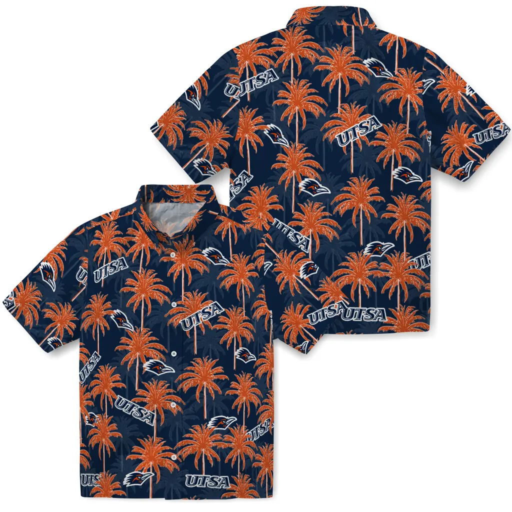 UTSA Roadrunners Hawaiian Shirt - Palm Tree Motif utsa roadrunners palm grove orange hawaiian shirts high quality