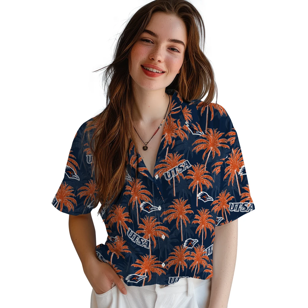 UTSA Roadrunners Hawaiian Shirt - Palm Tree Motif utsa roadrunners palm grove orange hawaiian shirts latest model