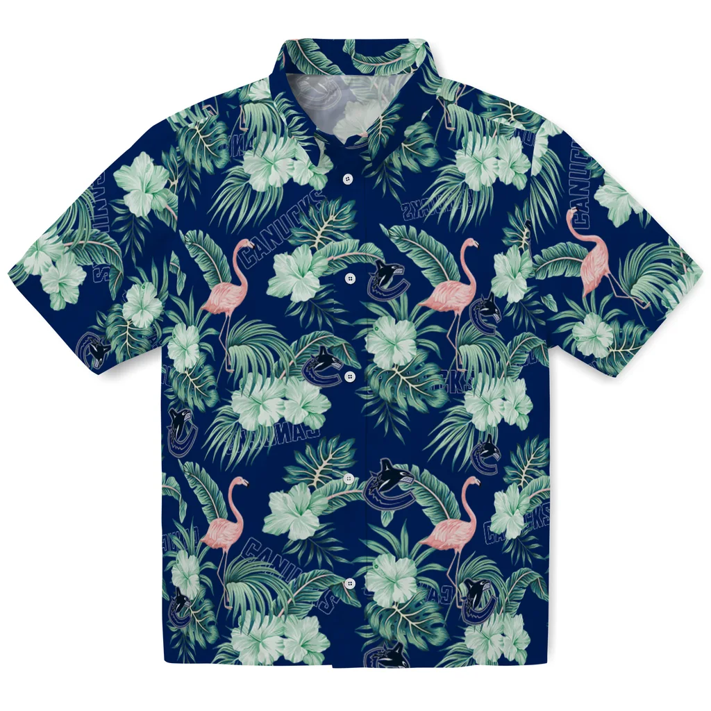 Vancouver Canucks Hawaiian Shirt - Flamingo and Hibiscus vancouver canucks flamingo palms blue hawaiian shirts best selling