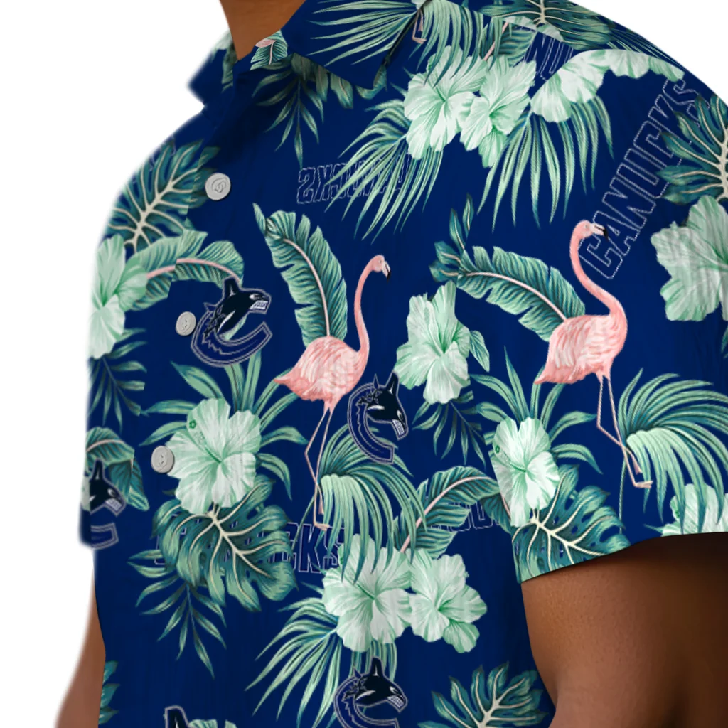 Vancouver Canucks Hawaiian Shirt - Flamingo and Hibiscus vancouver canucks flamingo palms blue hawaiian shirts trendy