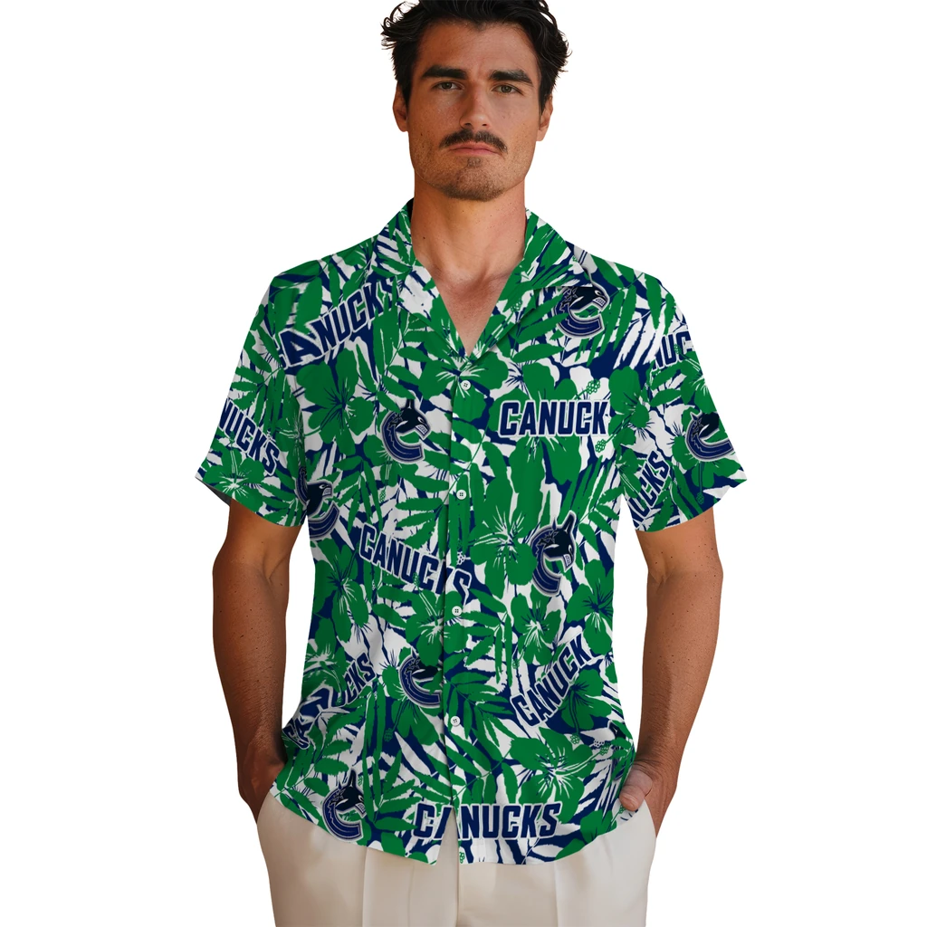 Vancouver Canucks Hawaiian Shirt - Hibiscus Overlay vancouver canucks hibiscus overlay hawaiian shirts fashion forward