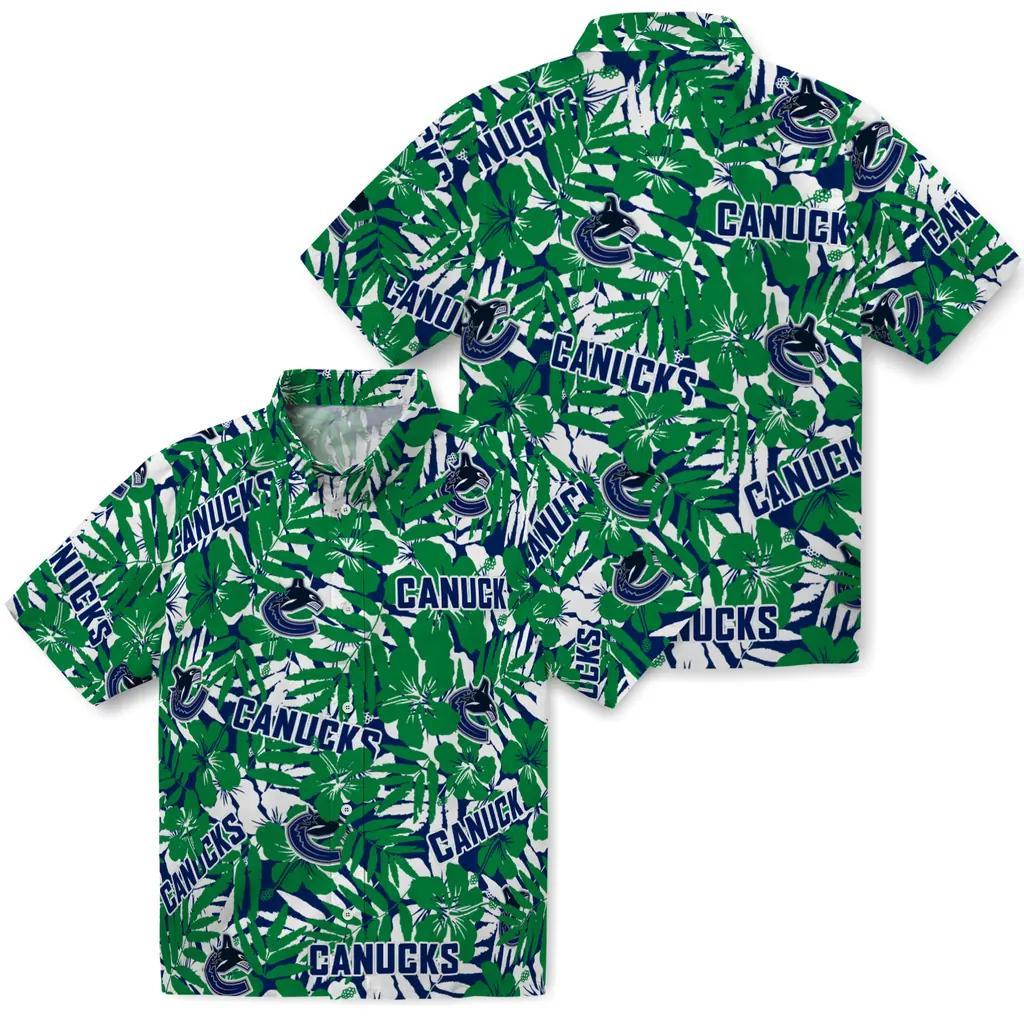 Vancouver Canucks Hawaiian Shirt - Hibiscus Overlay vancouver canucks hibiscus overlay hawaiian shirts high quality